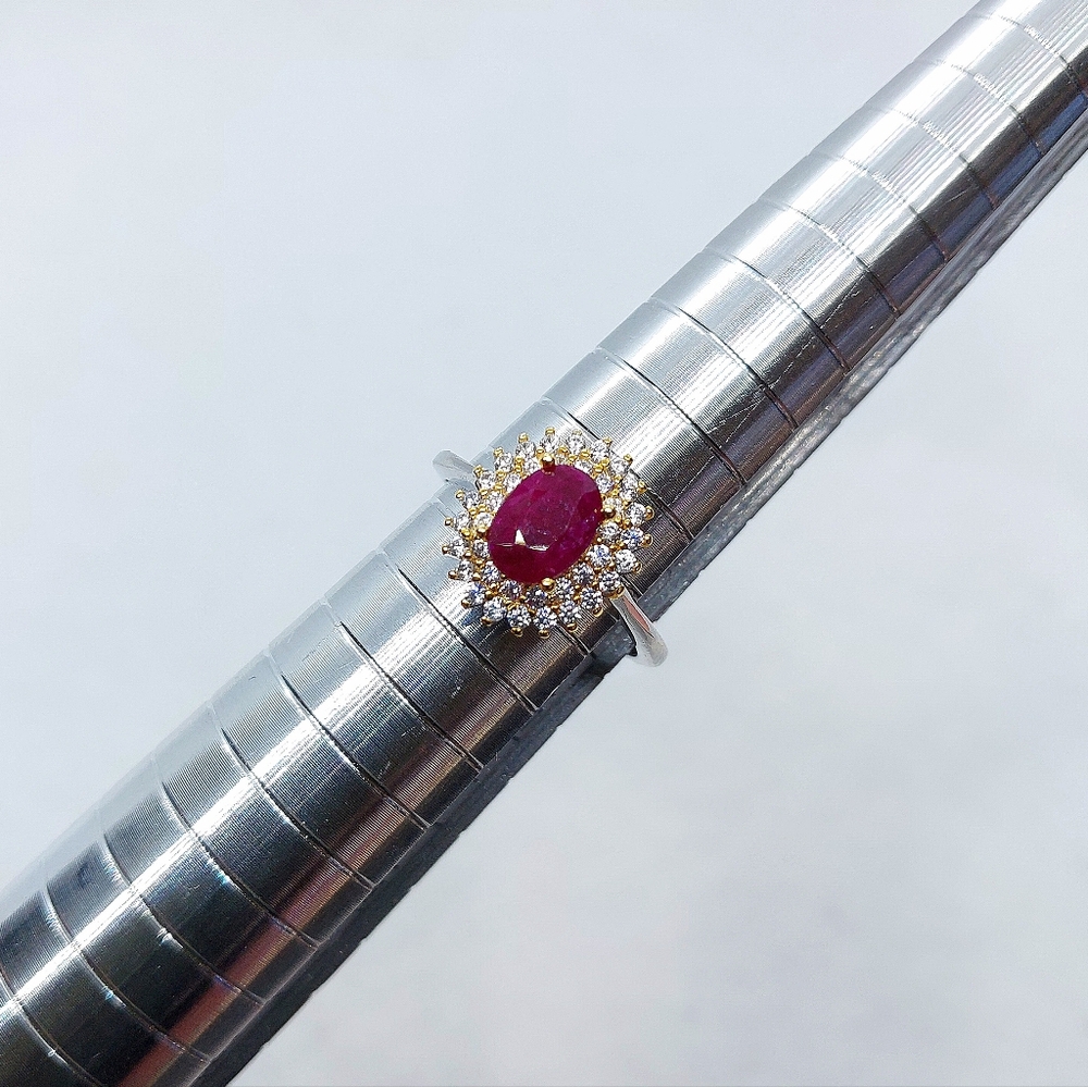1.2ct 3A Rose Pink Oval Cut Ruby Duel Tone Halo Ring In Sterling Silver